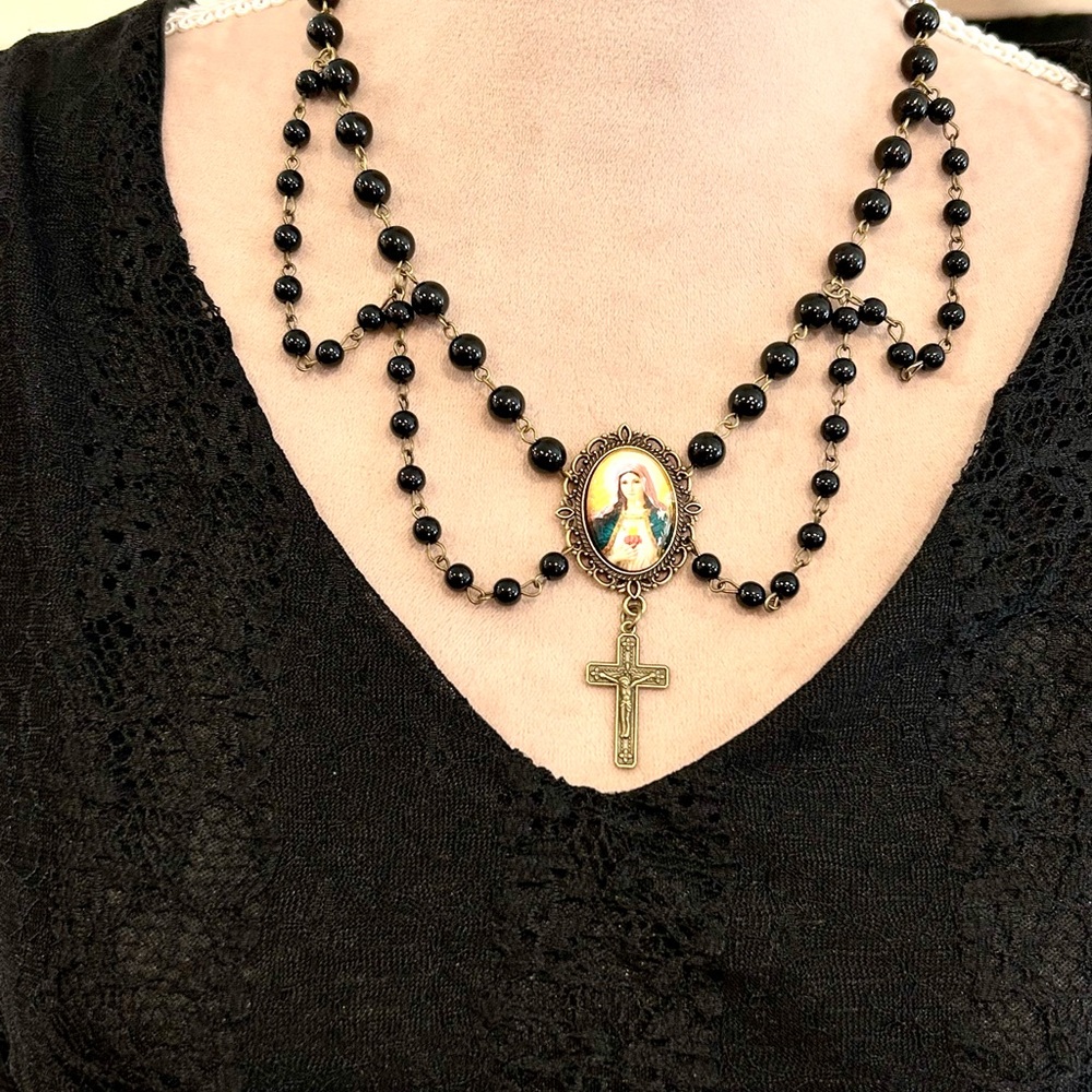 Elegant Black Beaded Rosary Choker Necklace with Religious Virgin Mary Pendant
